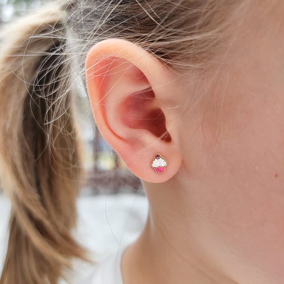 Fun Pink Cupcake Crystal Stud Earrings - Hypoallergenic