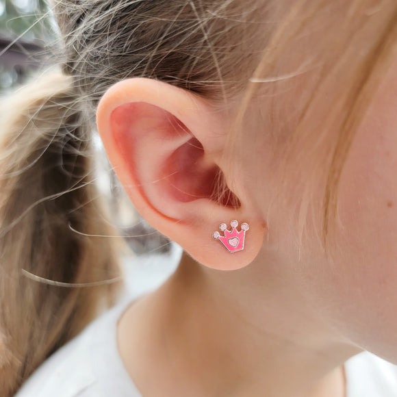 Pink Crown Stud Earrings - Hypoallergenic